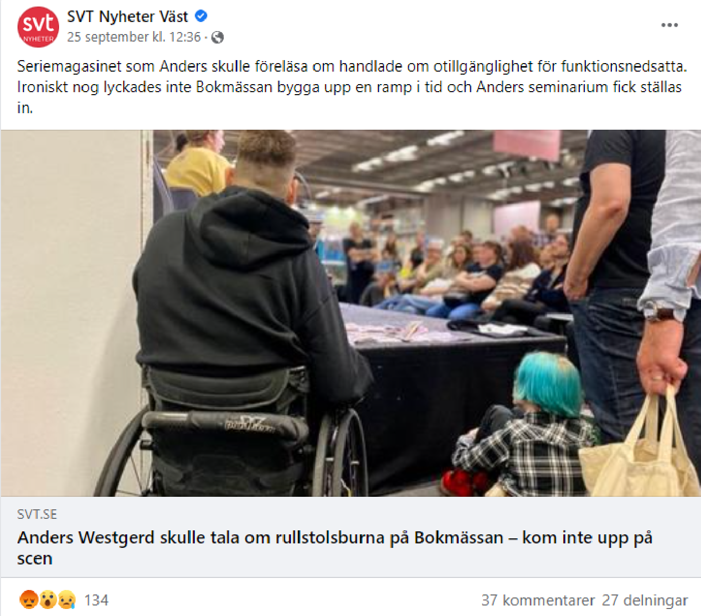 Skärmdump från SVT NYheter Väst på Facebook, nyheten om rampen och Anders visas.