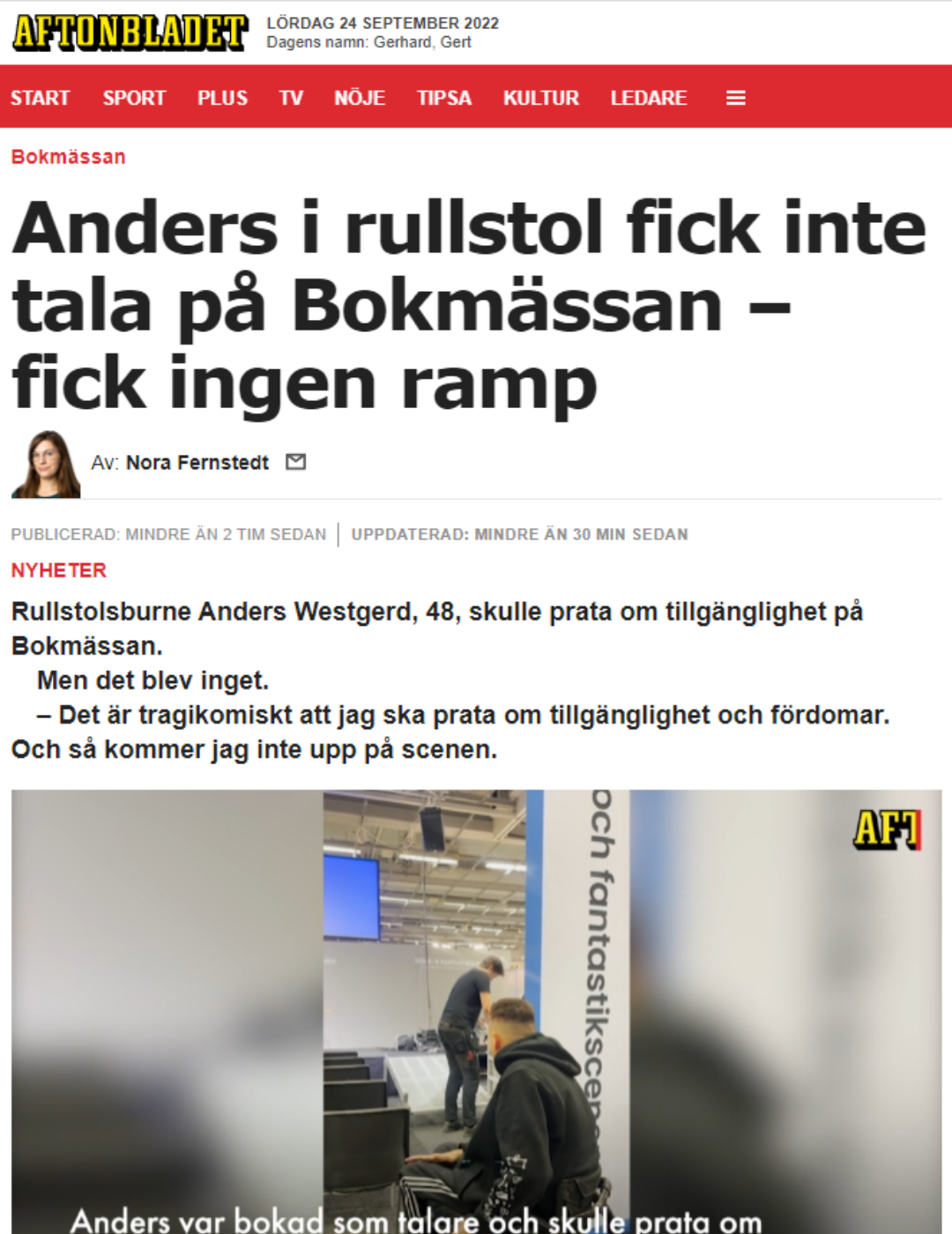 Skärmdump från Aftonbladets hemsida. Anders i bild.
