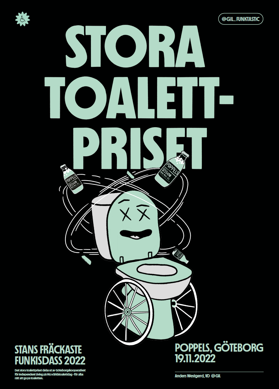En poster med texten Stora toalettpriset och en toalett med hjul som ser ut att vara på lyset